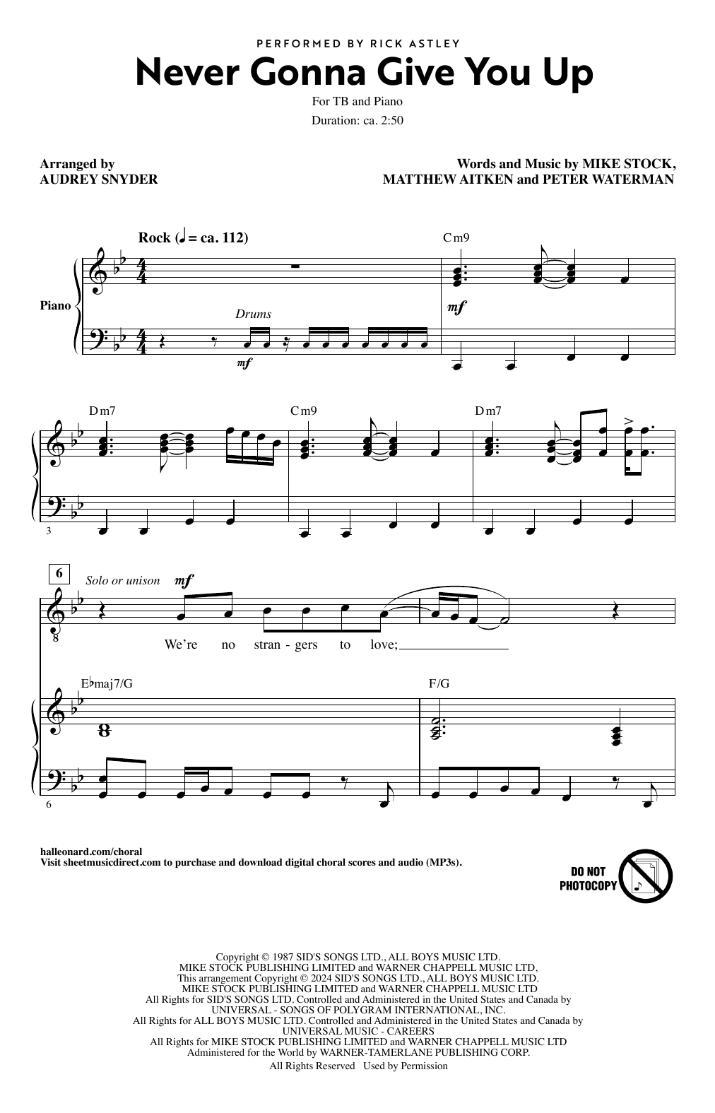 Rick Astley Never Gonna Give You Up (arr. Audrey Snyder) sheet music notes and chords. Download Printable PDF.