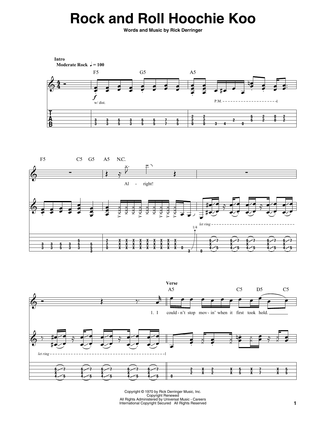 Rick Derringer Rock And Roll Hoochie Koo sheet music notes and chords. Download Printable PDF.