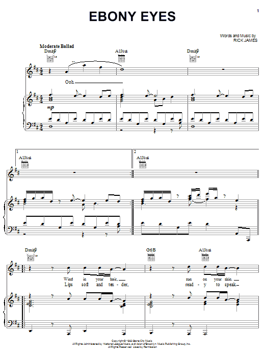 Learn to play Rick James Ebony Eyes sheet music for Piano, Vocal & Guitar Chords (Right-Hand Melody) in minutes. Price: 7.8900$ Rick James Ebony Eyes sheet music notes and chords arranged for Piano, Vocal & Guitar Chords (Right-Hand Melody)