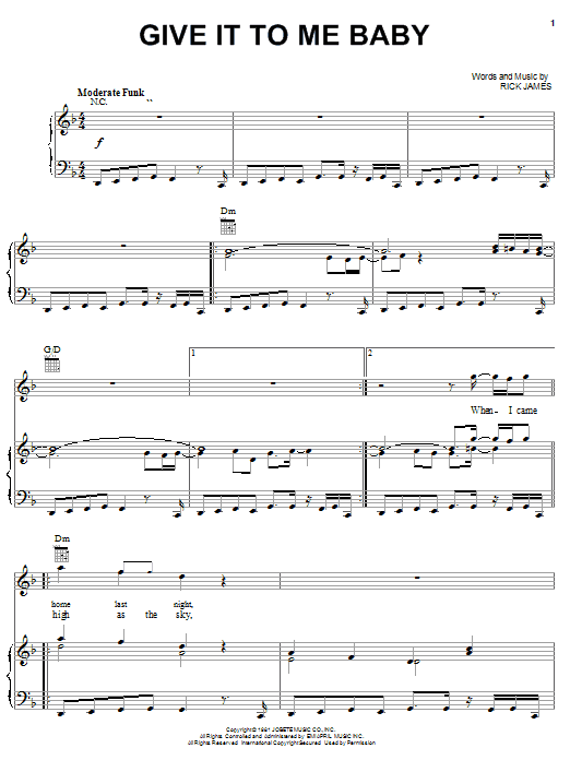 Rick James Give It To Me Baby sheet music notes and chords. Download Printable PDF.