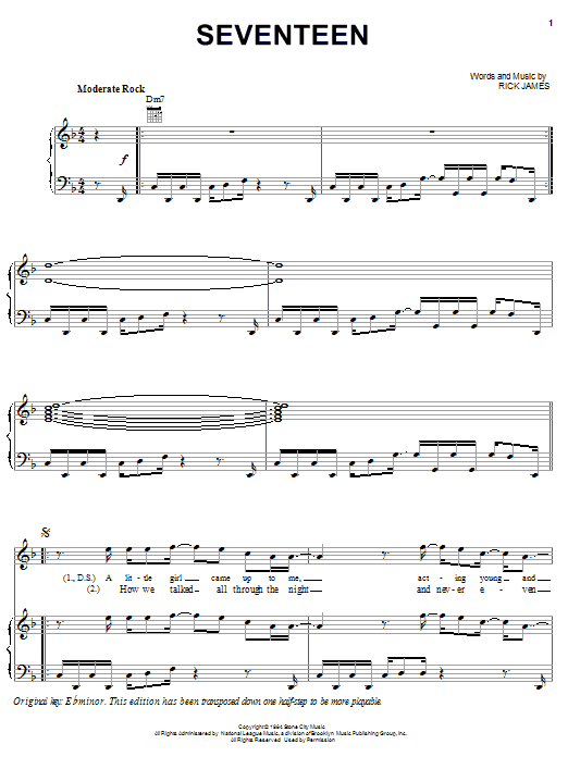 Learn to play Rick James Seventeen sheet music for Piano, Vocal & Guitar Chords (Right-Hand Melody) in minutes. Price: 7.8900$ Rick James Seventeen sheet music notes and chords arranged for Piano, Vocal & Guitar Chords (Right-Hand Melody)