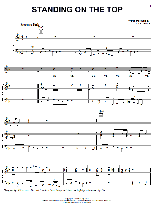 Learn to play Rick James Standing On The Top sheet music for Piano, Vocal & Guitar Chords (Right-Hand Melody) in minutes. Price: 7.8900$ Rick James Standing On The Top sheet music notes and chords arranged for Piano, Vocal & Guitar Chords (Right-Hand Melody)