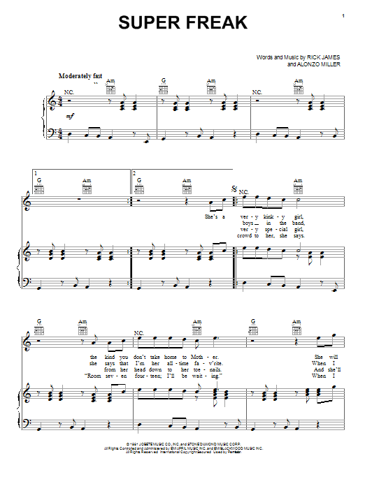 Rick James Super Freak sheet music notes and chords. Download Printable PDF.