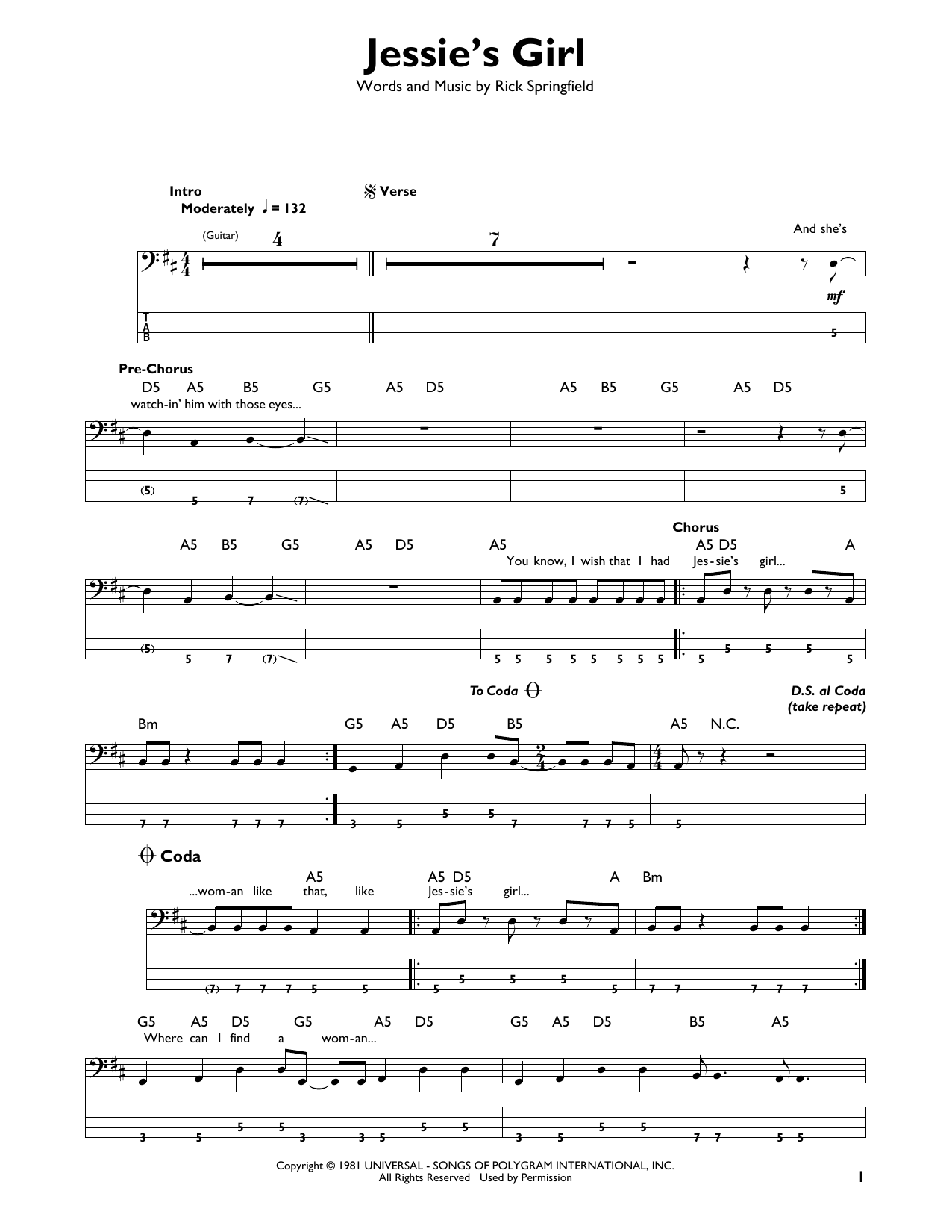 Rick Springfield Jessie's Girl sheet music notes and chords. Download Printable PDF.