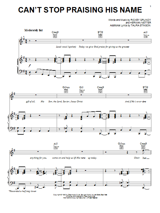 Rickey Grundy Can't Stop Praising His Name sheet music notes and chords arranged for Piano, Vocal & Guitar Chords (Right-Hand Melody)