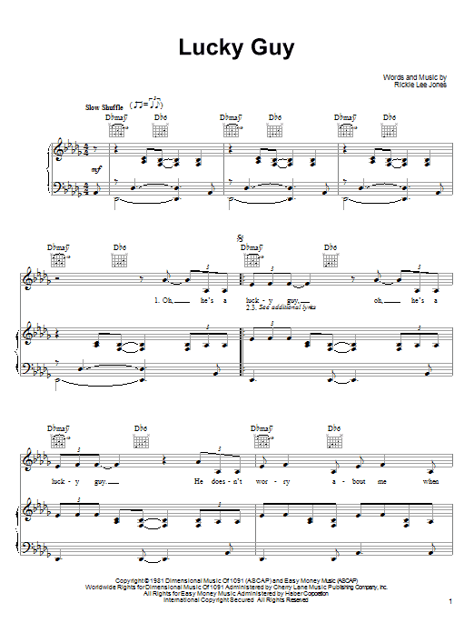 Learn to play Rickie Lee Jones Lucky Guy sheet music for Piano, Vocal & Guitar Chords (Right-Hand Melody) in minutes. Price: 7.8900$ Rickie Lee Jones Lucky Guy sheet music notes and chords arranged for Piano, Vocal & Guitar Chords (Right-Hand Melody)