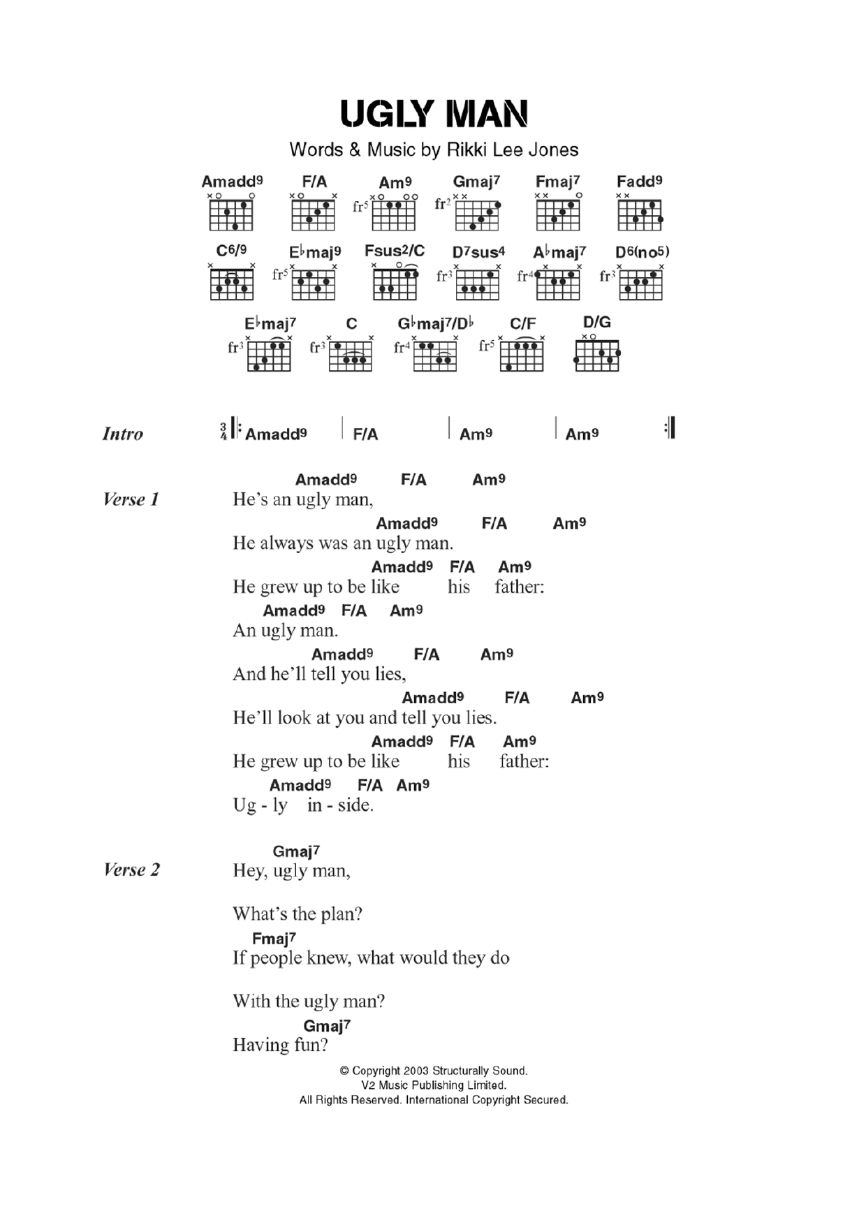 Rickie Lee Jones Ugly Man sheet music notes and chords. Download Printable PDF.