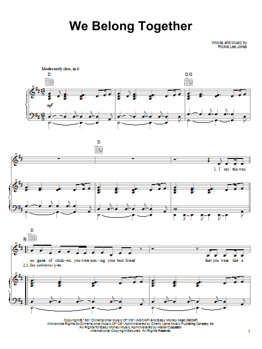 Learn to play Rickie Lee Jones We Belong Together sheet music for Piano, Vocal & Guitar Chords (Right-Hand Melody) in minutes. Price: 7.8900$ Rickie Lee Jones We Belong Together sheet music notes and chords arranged for Piano, Vocal & Guitar Chords (Right-Hand Melody)