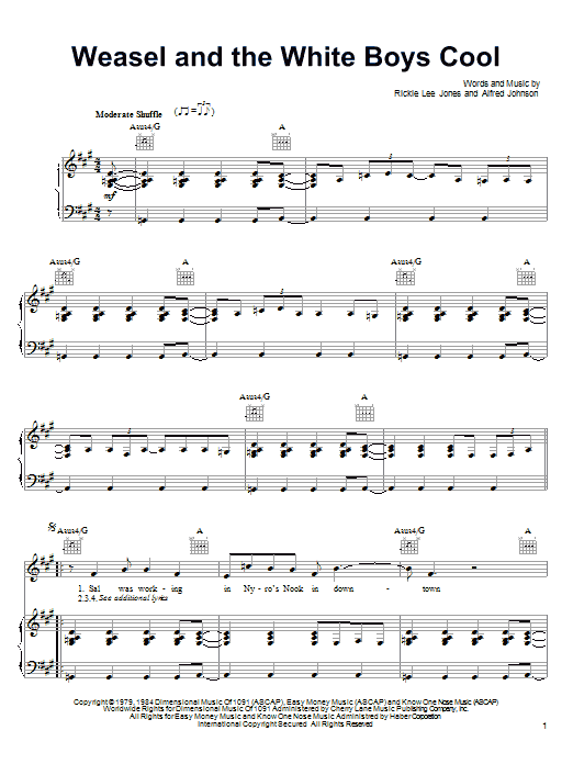 Rickie Lee Jones Weasel And The White Boys Cool sheet music notes and chords arranged for Piano, Vocal & Guitar Chords (Right-Hand Melody)