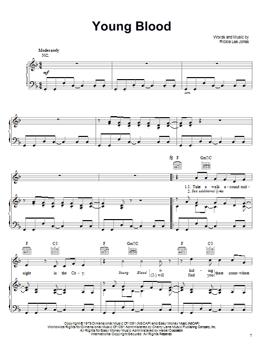 Learn to play Rickie Lee Jones Young Blood sheet music for Piano, Vocal & Guitar Chords (Right-Hand Melody) in minutes. Price: 7.8900$ Rickie Lee Jones Young Blood sheet music notes and chords arranged for Piano, Vocal & Guitar Chords (Right-Hand Melody)