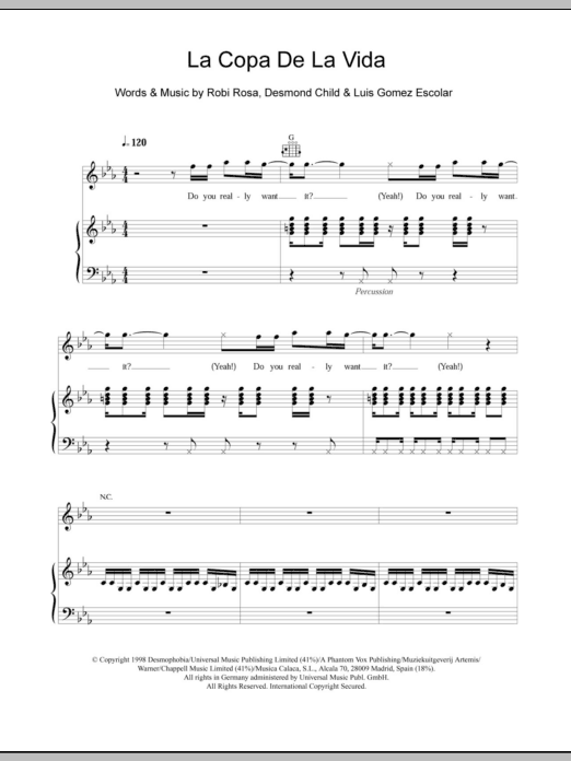 Ricky Martin La Copa De La Vida (The Cup Of Life) sheet music notes and chords. Download Printable PDF.