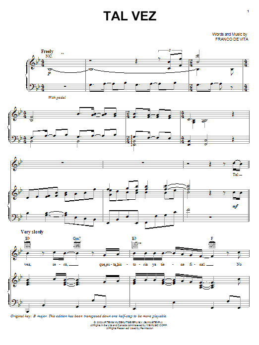 Learn to play Ricky Martin Tal Vez sheet music for Piano, Vocal & Guitar Chords (Right-Hand Melody) in minutes. Price: 7.8900$ Ricky Martin Tal Vez sheet music notes and chords arranged for Piano, Vocal & Guitar Chords (Right-Hand Melody)