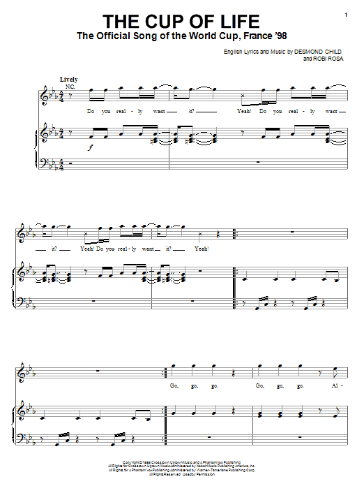 Learn to play Ricky Martin The Cup Of Life sheet music for Piano, Vocal & Guitar Chords (Right-Hand Melody) in minutes. Price: 7.8900$ Ricky Martin The Cup Of Life sheet music notes and chords arranged for Piano, Vocal & Guitar Chords (Right-Hand Melody)