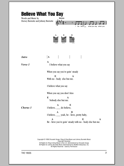 Ricky Nelson Believe What You Say sheet music notes and chords arranged for Piano, Vocal & Guitar Chords (Right-Hand Melody)