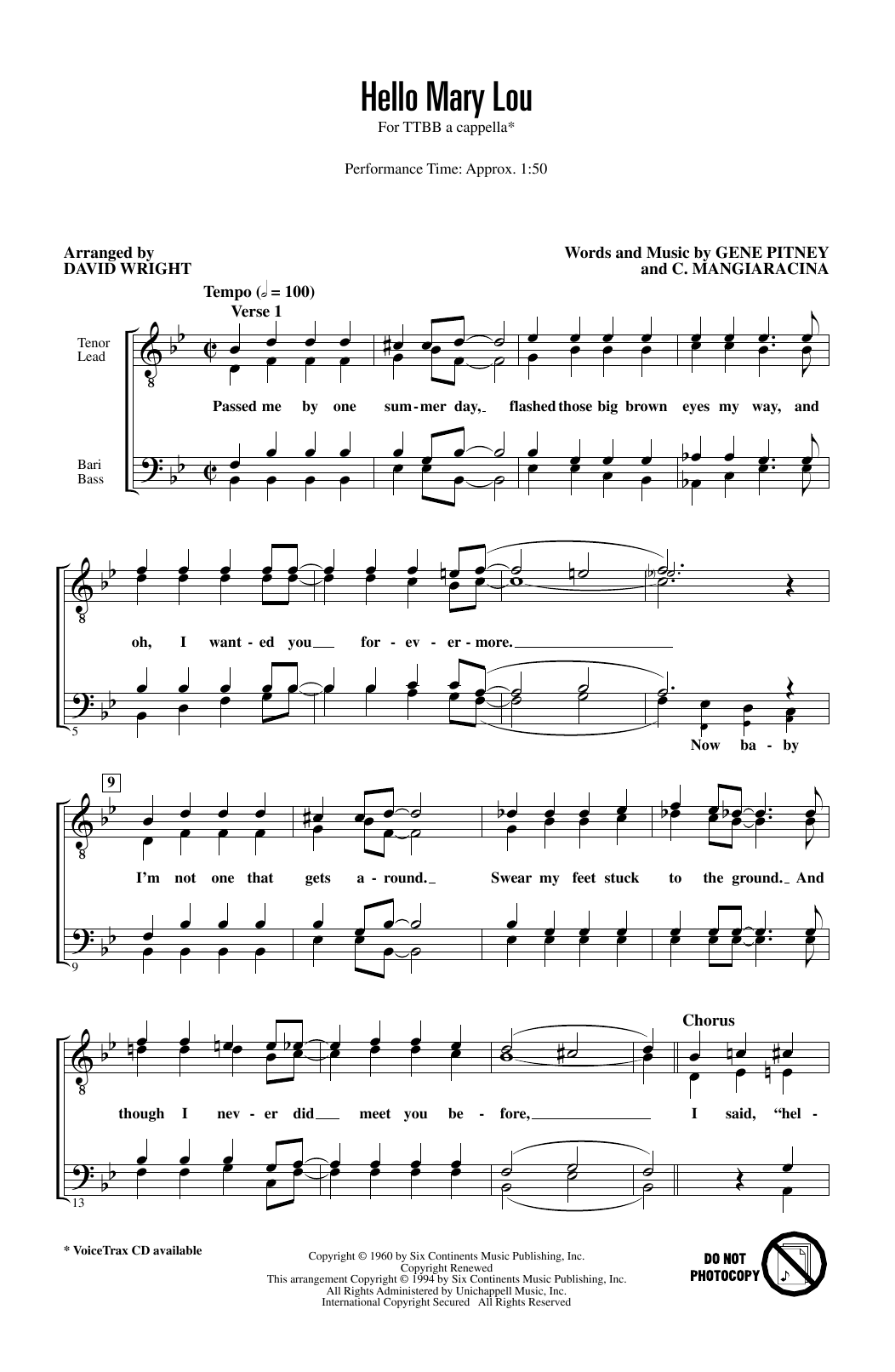 Ricky Nelson Hello Mary Lou (arr. David Wright) sheet music notes and chords. Download Printable PDF.