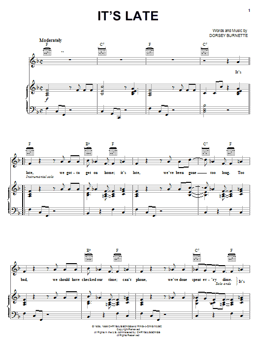 Ricky Nelson It's Late sheet music notes and chords arranged for Piano, Vocal & Guitar Chords (Right-Hand Melody)