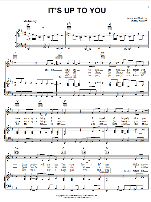 Learn to play Ricky Nelson It's Up To You sheet music for Piano, Vocal & Guitar Chords (Right-Hand Melody) in minutes. Price: 7.8900$ Ricky Nelson It's Up To You sheet music notes and chords arranged for Piano, Vocal & Guitar Chords (Right-Hand Melody)