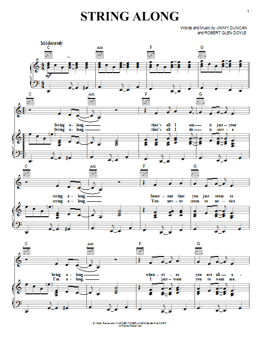 Learn to play Ricky Nelson String Along sheet music for Piano, Vocal & Guitar Chords (Right-Hand Melody) in minutes. Price: 7.8900$ Ricky Nelson String Along sheet music notes and chords arranged for Piano, Vocal & Guitar Chords (Right-Hand Melody)