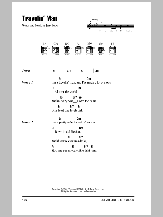 Ricky Nelson Travelin' Man sheet music notes and chords. Download Printable PDF.