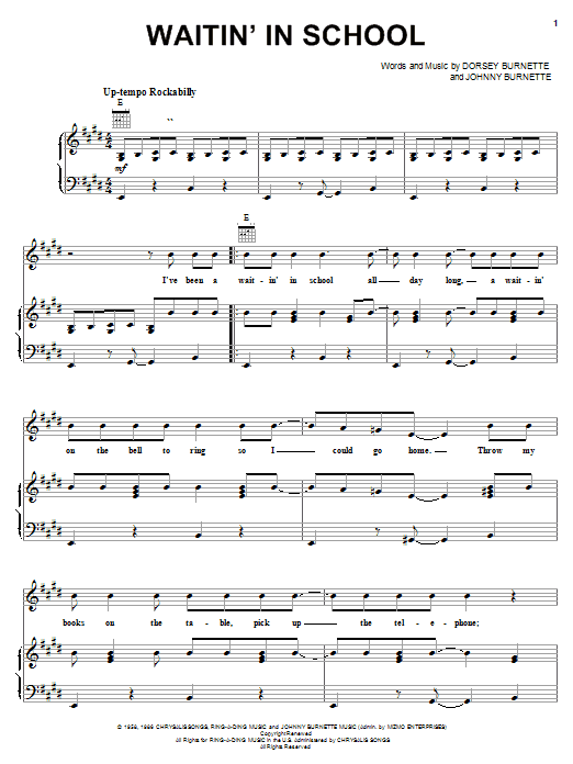 Ricky Nelson Waitin' In School sheet music notes and chords arranged for Piano, Vocal & Guitar Chords (Right-Hand Melody)