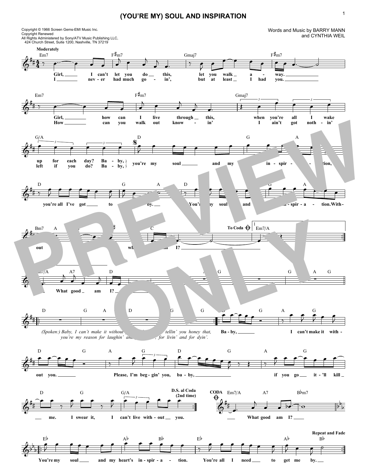 Righteous Brothers (You're My) Soul And Inspiration sheet music notes and chords. Download Printable PDF.