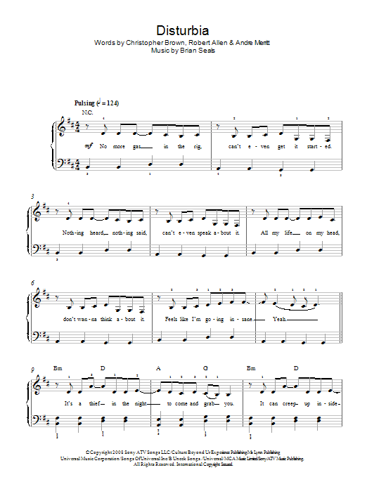 Rihanna Disturbia sheet music notes and chords arranged for Piano, Vocal & Guitar Chords