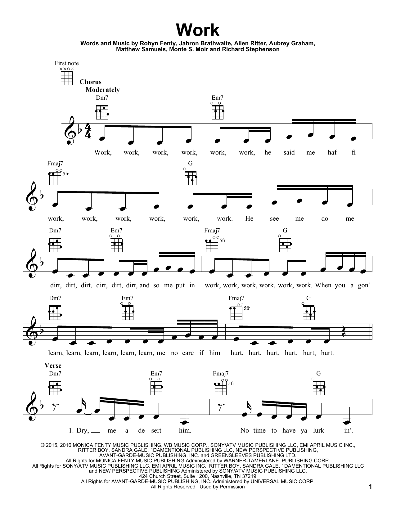 Learn to play Rihanna Work (feat. Drake) sheet music for Ukulele in minutes. Price: 5.9900$ Rihanna Work (feat. Drake) sheet music notes and chords arranged for Ukulele
