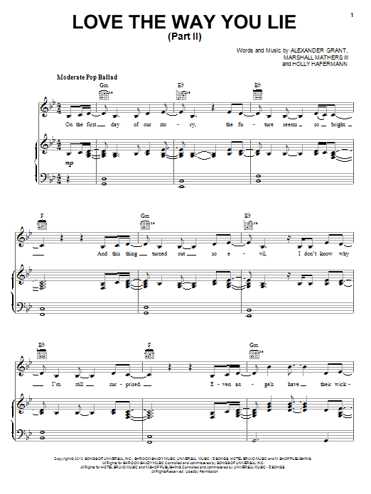 Rihanna Love The Way You Lie, Pt. 2 (feat. Eminem) sheet music notes and chords arranged for Piano, Vocal & Guitar Chords (Right-Hand Melody)