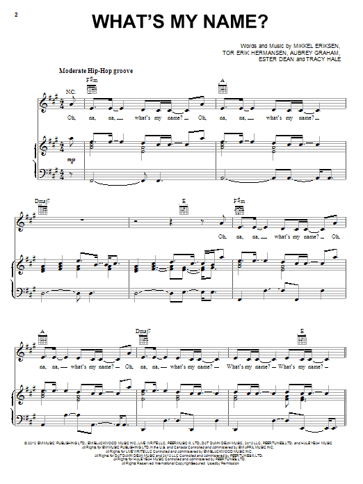 Rihanna What's My Name? (feat. Drake) sheet music notes and chords arranged for Piano, Vocal & Guitar Chords (Right-Hand Melody)