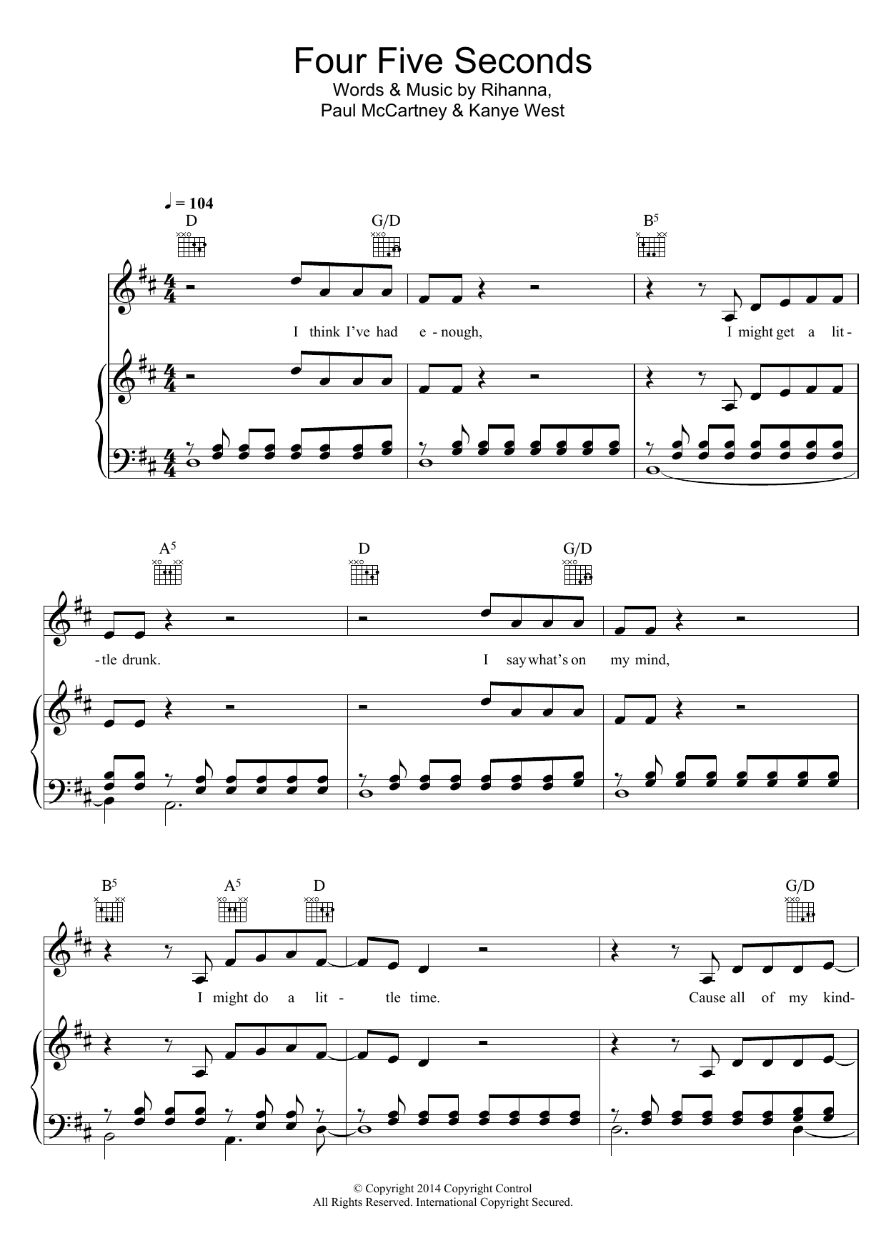 Rihanna FourFiveSeconds (featuring Kanye West and Paul McCartney) sheet music notes and chords. Download Printable PDF.