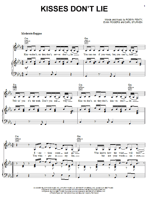 Rihanna Kisses Don't Lie sheet music notes and chords arranged for Piano, Vocal & Guitar Chords (Right-Hand Melody)