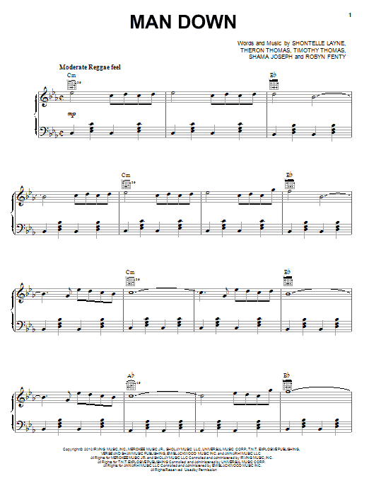 Rihanna Man Down sheet music notes and chords arranged for Piano, Vocal & Guitar Chords (Right-Hand Melody)