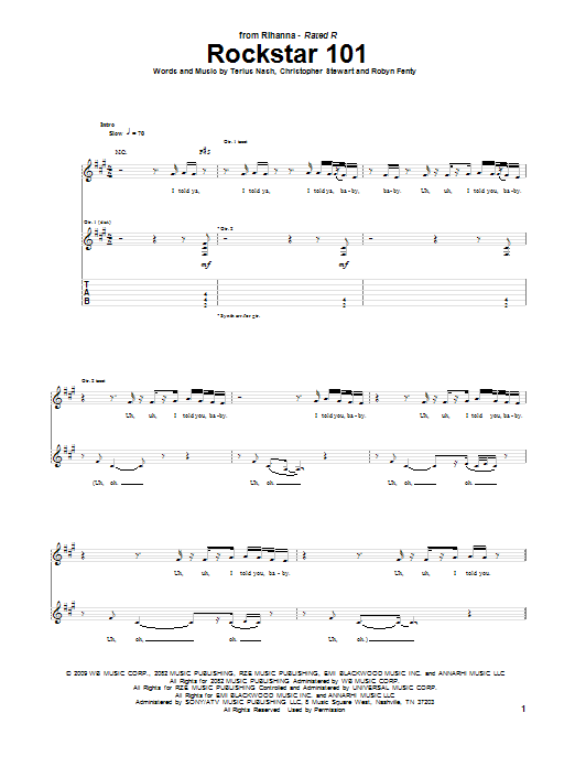 Rihanna Rockstar 101 sheet music notes and chords arranged for Guitar Tab