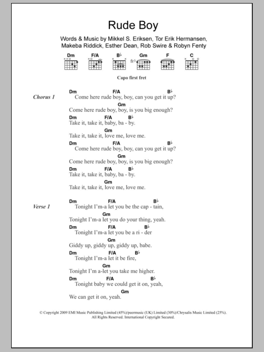 Rihanna Rude Boy sheet music notes and chords arranged for Piano, Vocal & Guitar Chords