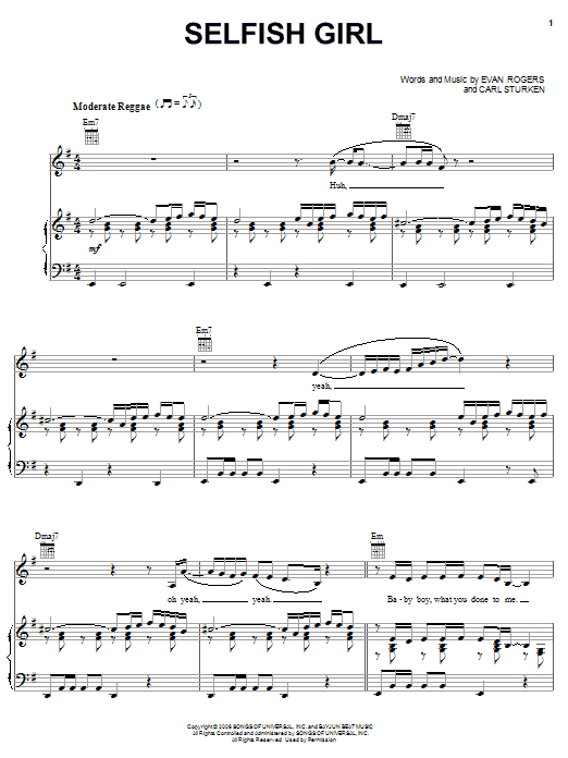 Rihanna Selfish Girl sheet music notes and chords arranged for Piano, Vocal & Guitar Chords (Right-Hand Melody)