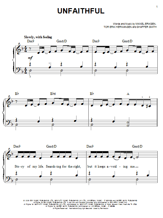 Rihanna Unfaithful sheet music notes and chords arranged for Piano, Vocal & Guitar Chords (Right-Hand Melody)