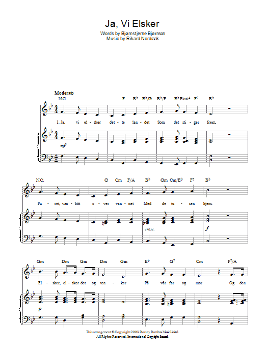 Learn to play Rikard Nordraak Ja, Vi Elsker (Norwegian National Anthem) sheet music for Piano, Vocal & Guitar Chords in minutes. Price: 7.8900$ Rikard Nordraak Ja, Vi Elsker (Norwegian National Anthem) sheet music notes and chords arranged for Piano, Vocal & Guitar Chords