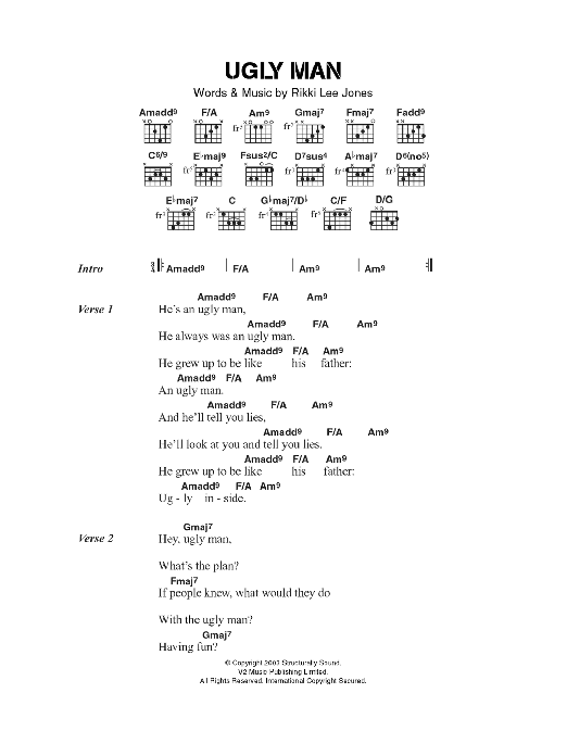 Rikki Lee Jones Ugly Man sheet music notes and chords. Download Printable PDF.