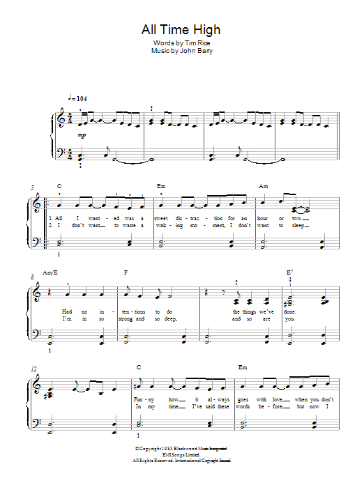 Learn to play Rita Coolidge All Time High (from James Bond: Octopussy) sheet music for Easy Piano in minutes. Price: 6.9900$ Rita Coolidge All Time High (from James Bond: Octopussy) sheet music notes and chords arranged for Easy Piano