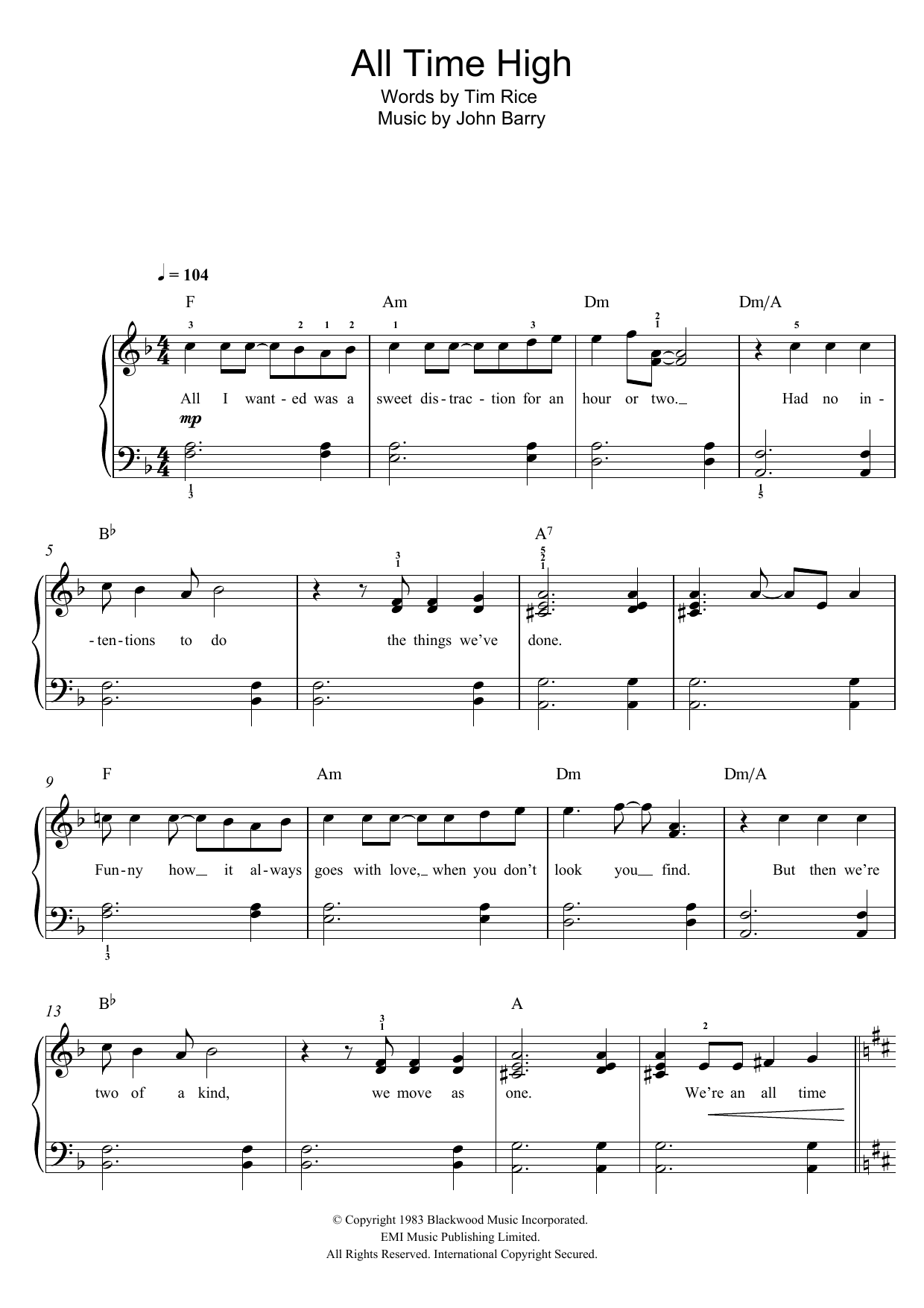 Rita Coolidge All Time High sheet music notes and chords. Download Printable PDF.