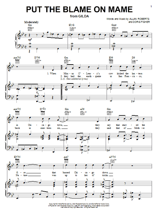 Learn to play Rita Hayworth Put The Blame On Mame sheet music for Piano, Vocal & Guitar Chords in minutes. Price: 7.8900$ Rita Hayworth Put The Blame On Mame sheet music notes and chords arranged for Piano, Vocal & Guitar Chords