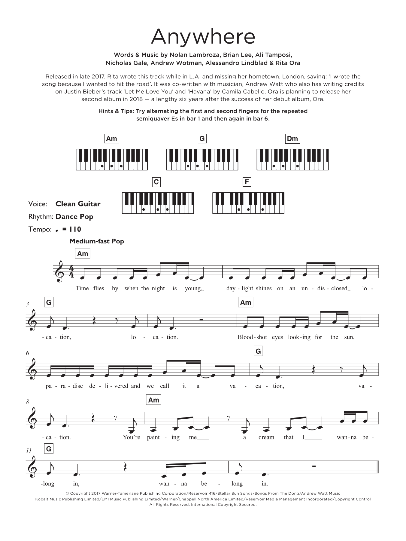 Rita Ora Anywhere sheet music notes and chords arranged for Keyboard (Abridged)