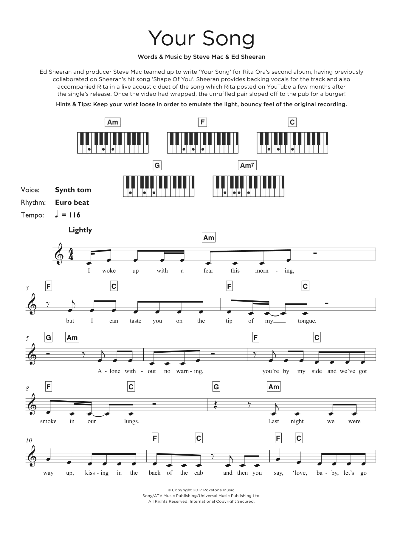 Rita Ora Your Song sheet music notes and chords. Download Printable PDF.