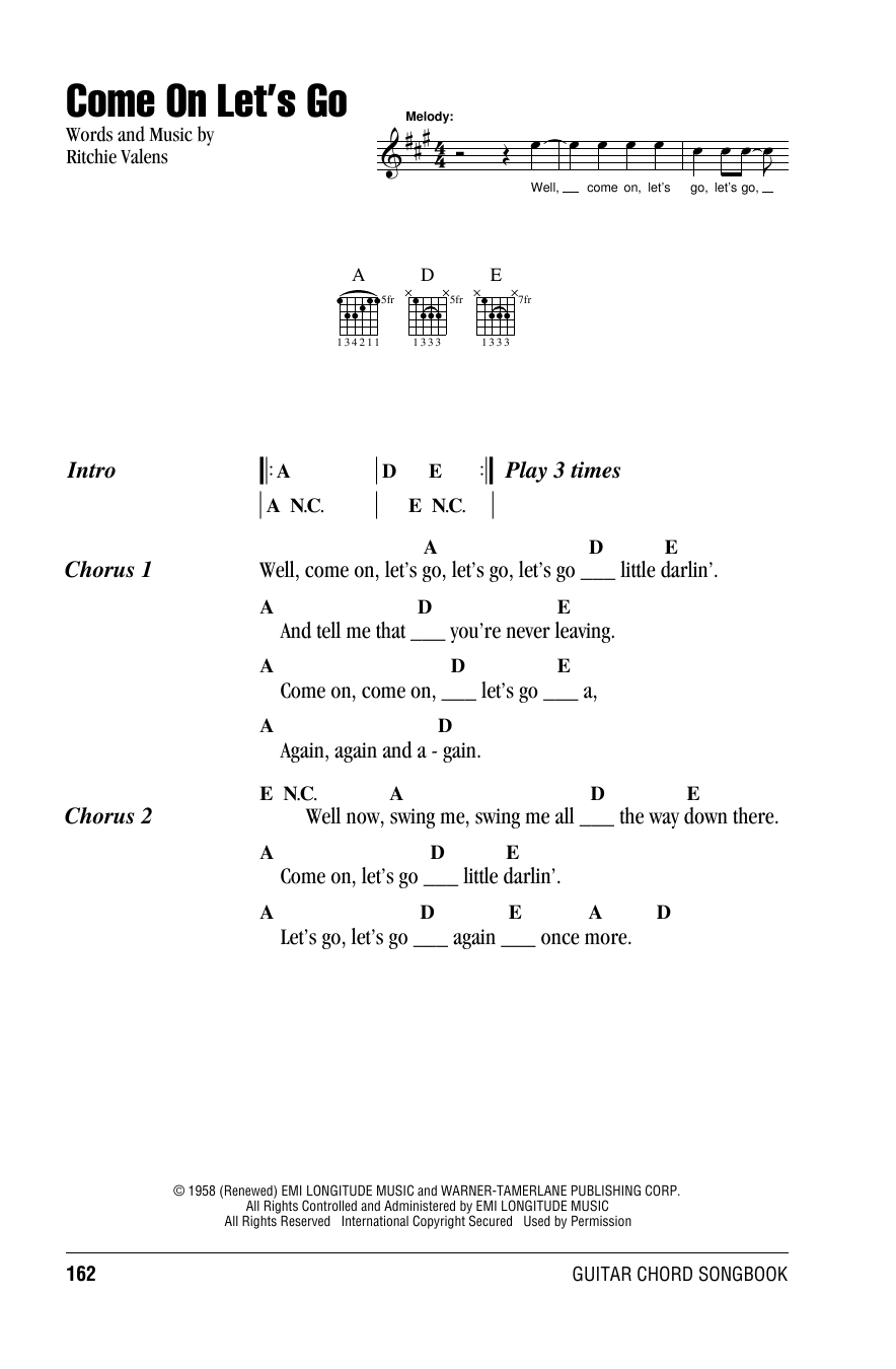 Ritchie Valens Come On Let's Go sheet music notes and chords. Download Printable PDF.