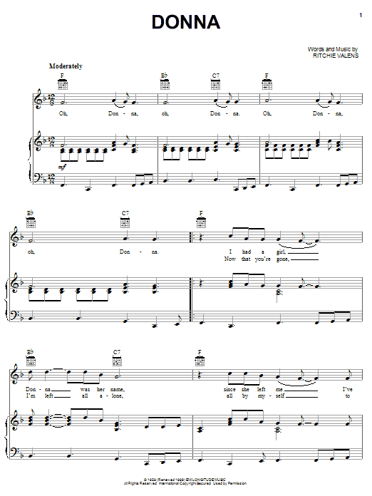 Ritchie Valens Donna sheet music notes and chords. Download Printable PDF.