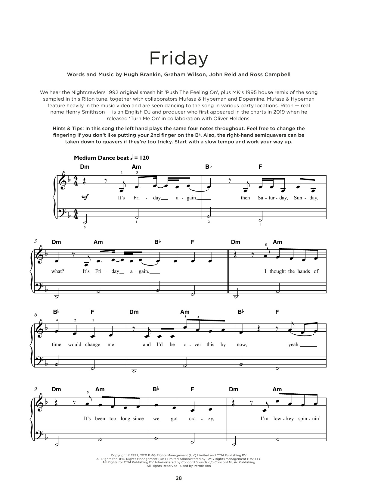 Learn to play Riton and Nightcrawlers Friday (feat. Mufasa & Hypeman) sheet music for Really Easy Piano in minutes. Price: 6.9900$ Riton and Nightcrawlers Friday (feat. Mufasa & Hypeman) sheet music notes and chords arranged for Really Easy Piano
