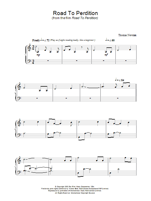 Learn to play Thomas Newman Road To Perdition sheet music for Piano Solo in minutes. Price: 7.8900$ Thomas Newman Road To Perdition sheet music notes and chords arranged for Piano Solo