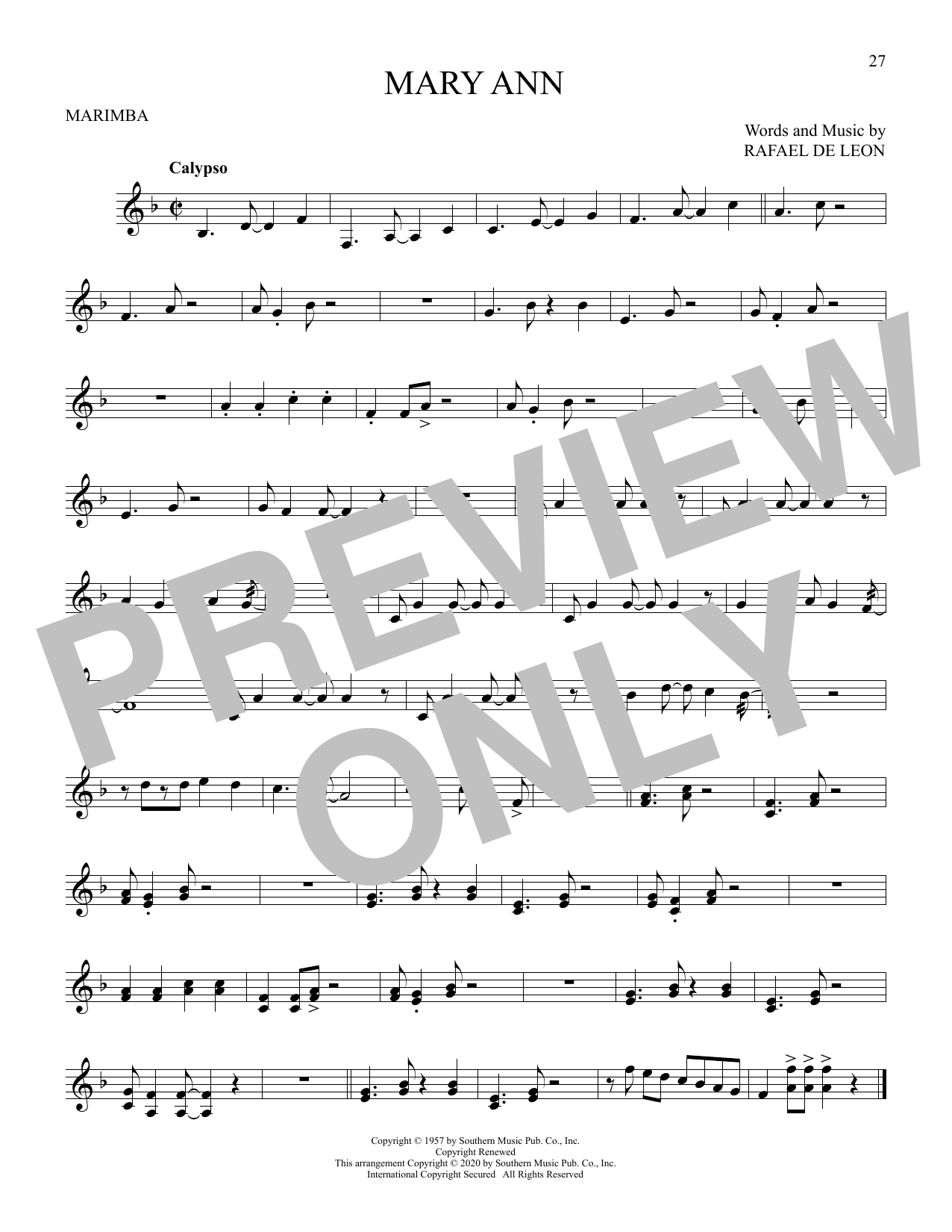 Roaring Lion Mary Ann sheet music notes and chords. Download Printable PDF.