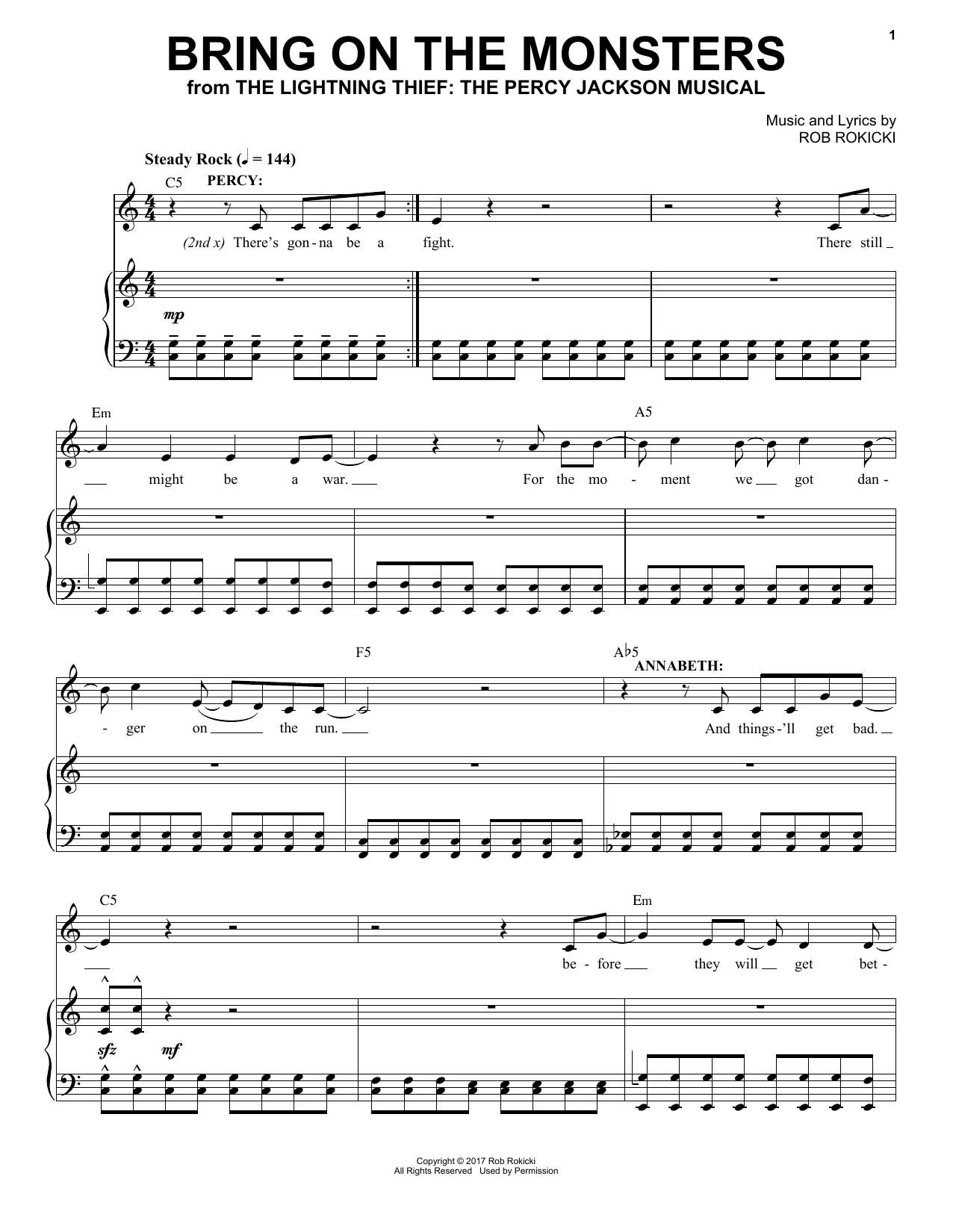 Learn to play Rob Rokicki Bring On The Monsters (from The Lightning Thief: The Percy Jackson Musical) sheet music for Piano & Vocal in minutes. Price: 7.8900$ Rob Rokicki Bring On The Monsters (from The Lightning Thief: The Percy Jackson Musical) sheet music notes and chords arranged for Piano & Vocal