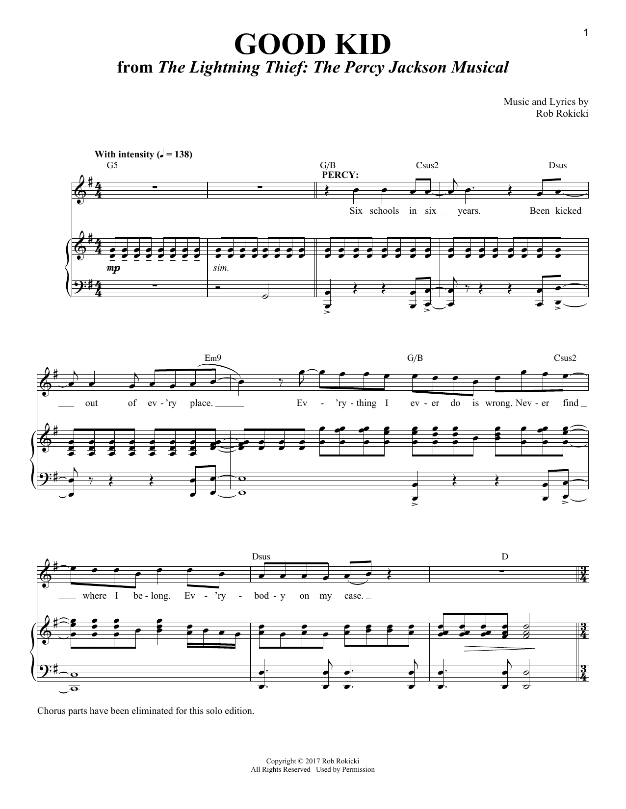 Rob Rokicki Good Kid [Solo version] (from The Lightning Thief: The Percy Jackson Musical) sheet music notes and chords. Download Printable PDF.